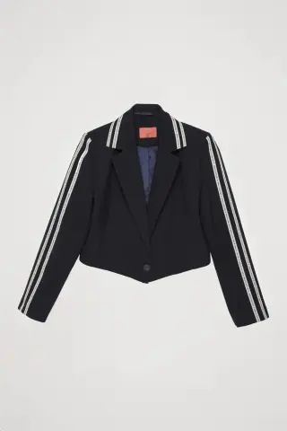 QUZU Yazı Şeritli Tek Düğmeli Crop Blazer Ceket Lacivert