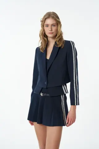 QUZU Yazı Şeritli Tek Düğmeli Crop Blazer Ceket Lacivert