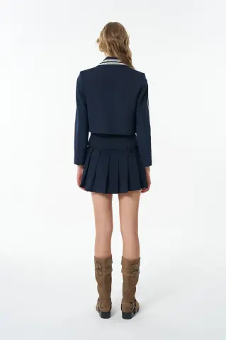 QUZU Yazı Şeritli Tek Düğmeli Crop Blazer Ceket Lacivert