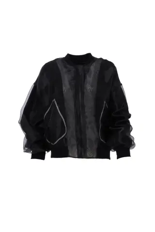 QUZU Cep Detaylı Organze Tül Ceket Siyah