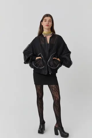 QUZU Cep Detaylı Organze Tül Ceket Siyah