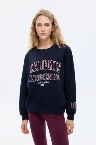 QUZU Yazı Baskılı Nakış İşlemeli Oversize Sweatshirt Lacivert