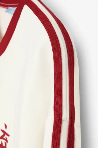 QUZU Şeritli Yazı Baskılı V Yaka Sweatshirt Ekru