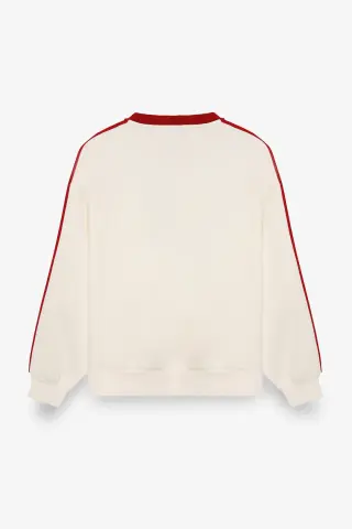 QUZU Şeritli Yazı Baskılı V Yaka Sweatshirt Ekru