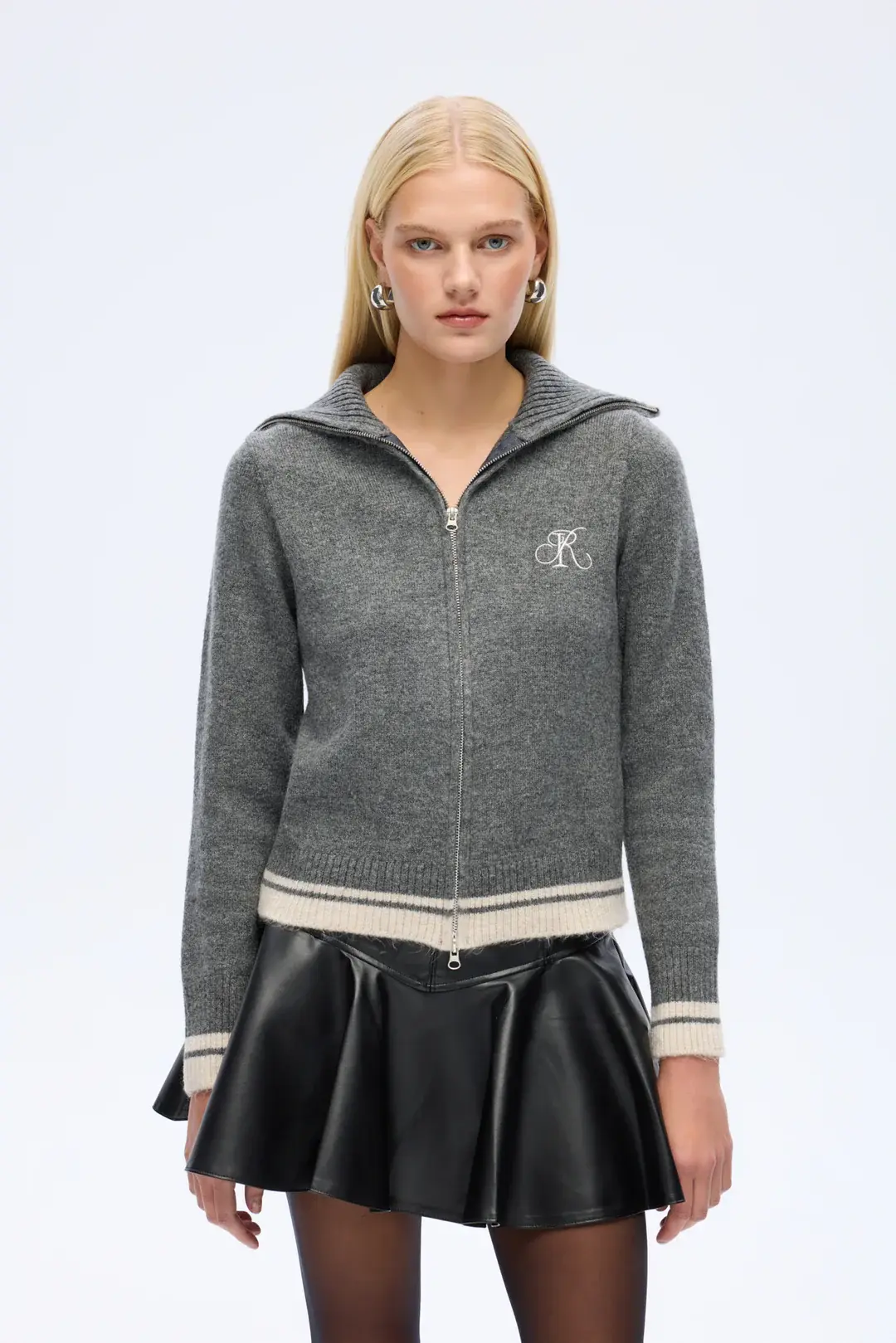 QUZU Fermuarlı Dik Yaka Triko Hırka Antrasit