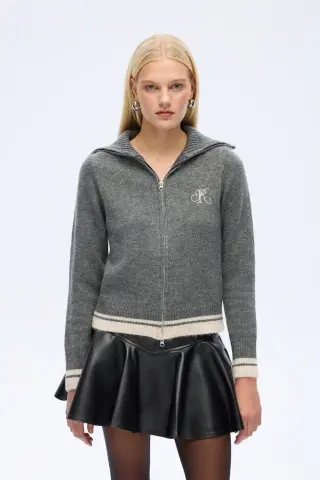 QUZU Fermuarlı Dik Yaka Triko Hırka Antrasit