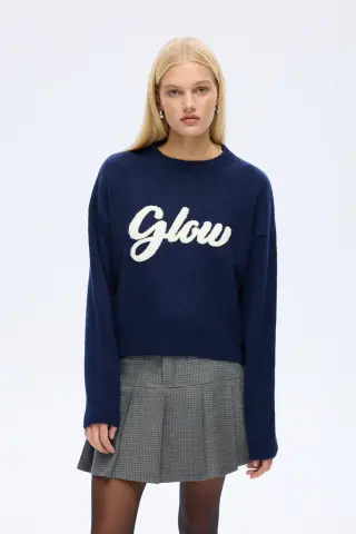 QUZU Kabartma Yazılı Bisiklet Yaka Triko Kazak Lacivert