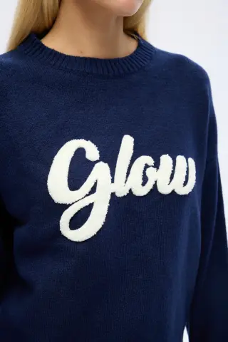 QUZU Kabartma Yazılı Bisiklet Yaka Triko Kazak Lacivert