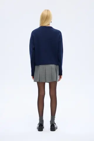 QUZU Kabartma Yazılı Bisiklet Yaka Triko Kazak Lacivert