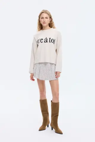 QUZU Yazı Desenli Bisiklet Yaka Triko Kazak Ekru