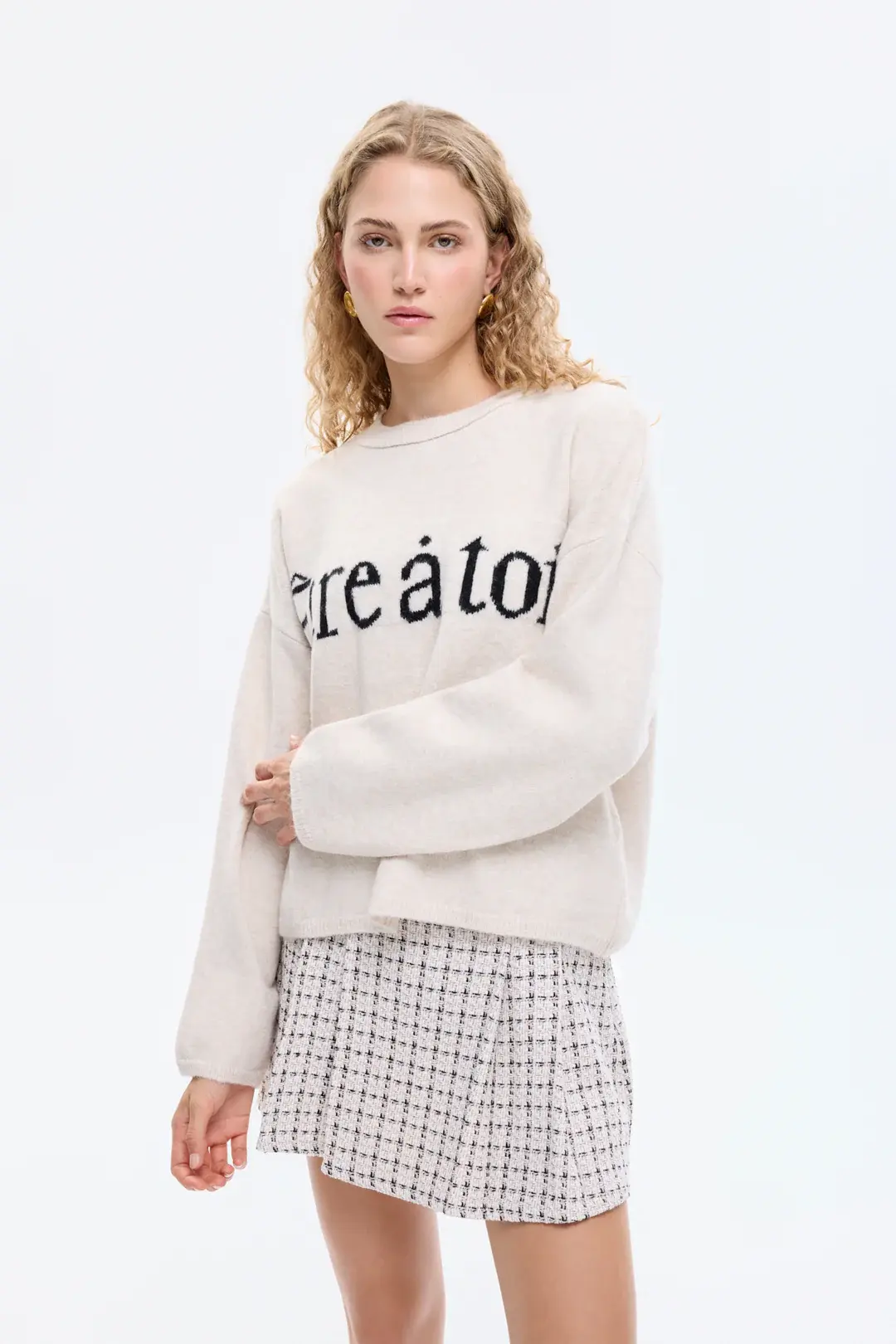 QUZU Yazı Desenli Bisiklet Yaka Triko Kazak Ekru