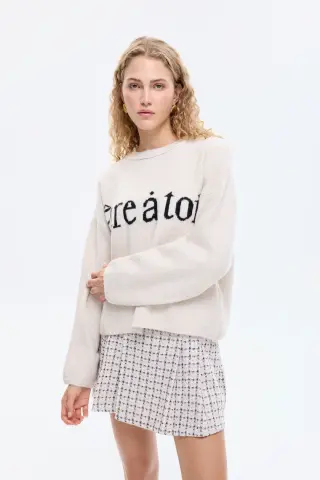 QUZU Yazı Desenli Bisiklet Yaka Triko Kazak Ekru