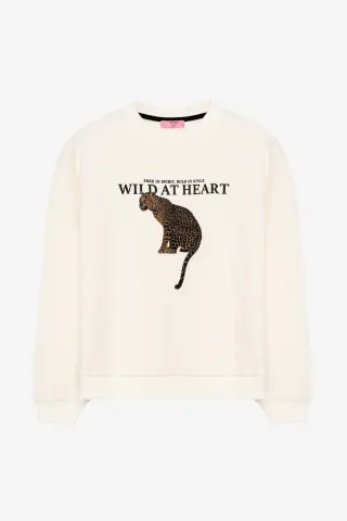 QUZU Leopar Baskılı Sloganlı Oversize Sweatshirt Ekru