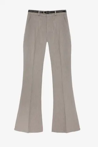QUZU İnce Kemerli İspanyol Paça Pantolon Gri