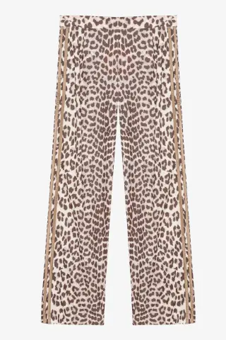 QUZU Leopar Desenli Şeritli Bol Paça Pantolon Kahverengi