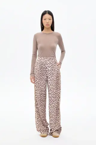 QUZU Leopar Desenli Şeritli Bol Paça Pantolon Kahverengi