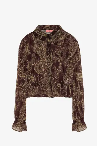 QUZU Desenli Gömlek Yaka Şifon Bluz Kahverengi