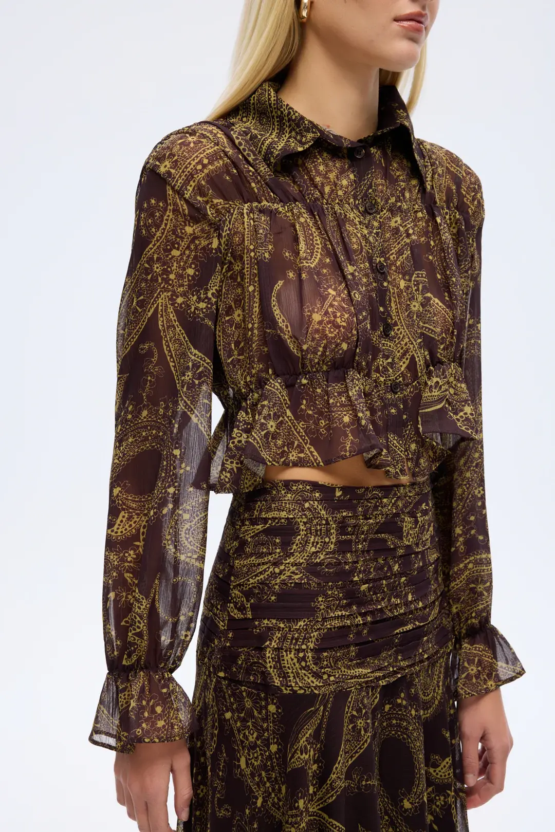 QUZU Desenli Gömlek Yaka Şifon Bluz Kahverengi