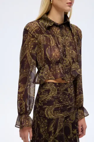 QUZU Desenli Gömlek Yaka Şifon Bluz Kahverengi