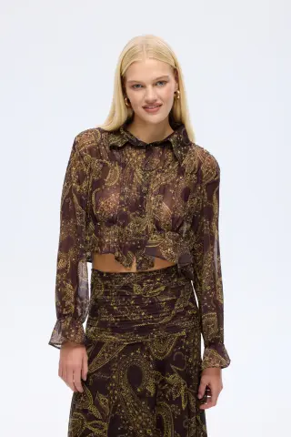 QUZU Desenli Gömlek Yaka Şifon Bluz Kahverengi