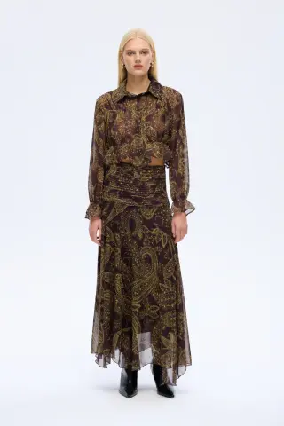 QUZU Desenli Gömlek Yaka Şifon Bluz Kahverengi