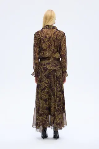 QUZU Desenli Gömlek Yaka Şifon Bluz Kahverengi