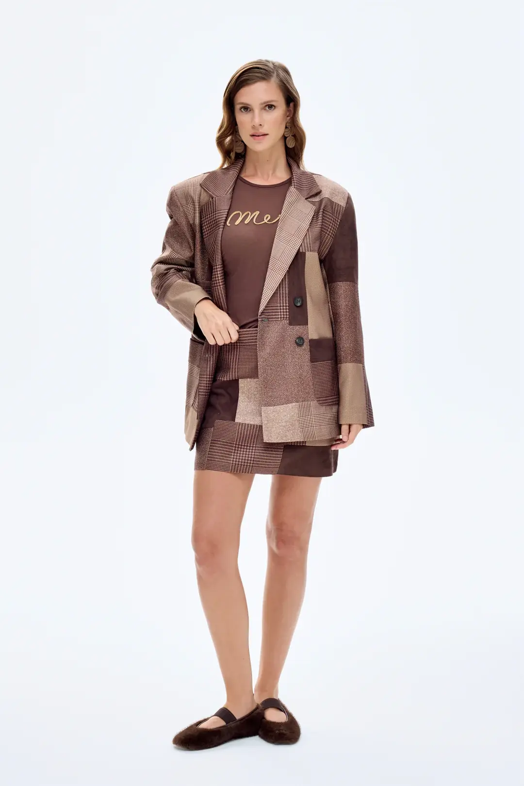 QUZU Patchwork Kruvaze Blazer Ceket Kahverengi