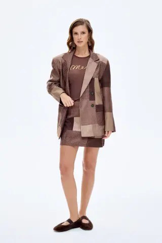 QUZU Patchwork Kruvaze Blazer Ceket Kahverengi