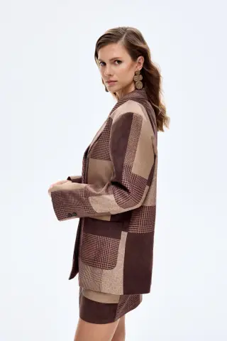 QUZU Patchwork Kruvaze Blazer Ceket Kahverengi