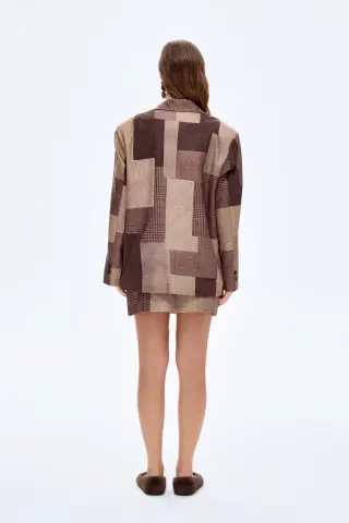 QUZU Patchwork Kruvaze Blazer Ceket Kahverengi