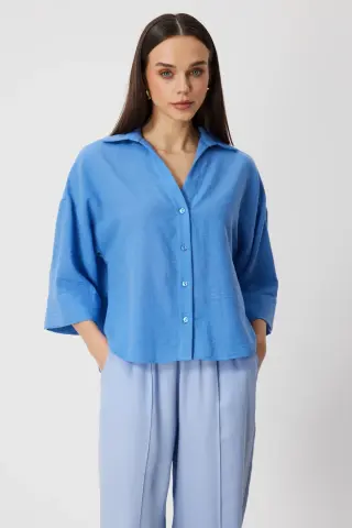 On Kırışık Desenli Polo Yaka Gömlek Mavı